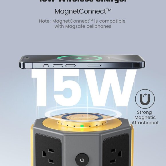 Power Strip Tower with 15W Wireless Charger, 6.5Ft Retractable Extension Cord, 1 - Picture 2 of 7